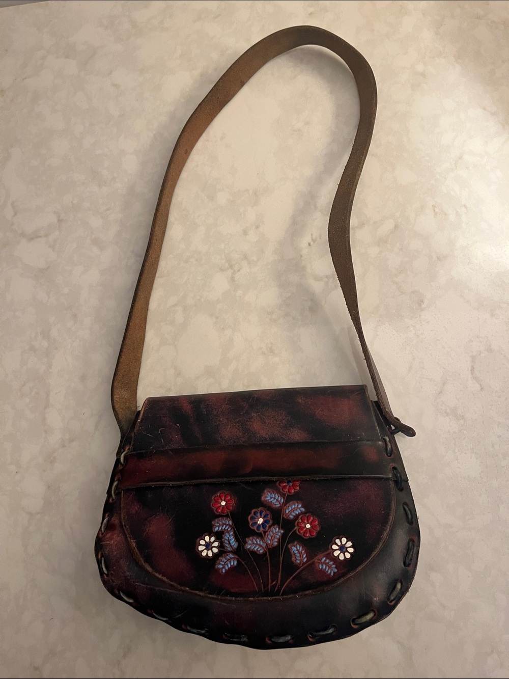 70’s Handcrafted Vintage Floral hand tooled & painted Leather shoulder bag